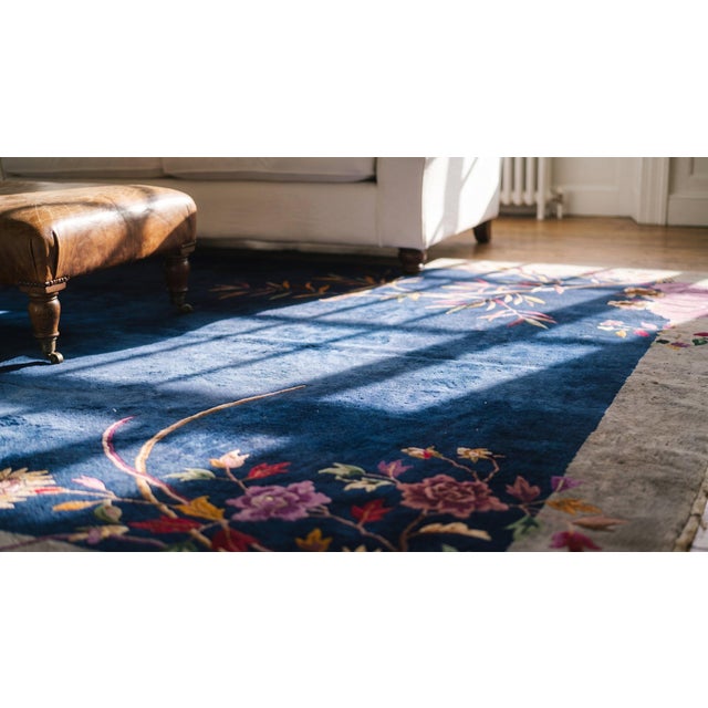 1920s Blue Navy Flowers Birds Antique Chinese Art Deco Carpet 9' X 11'10'' Knotted Wool Rug For Sale - Image 16 of 17