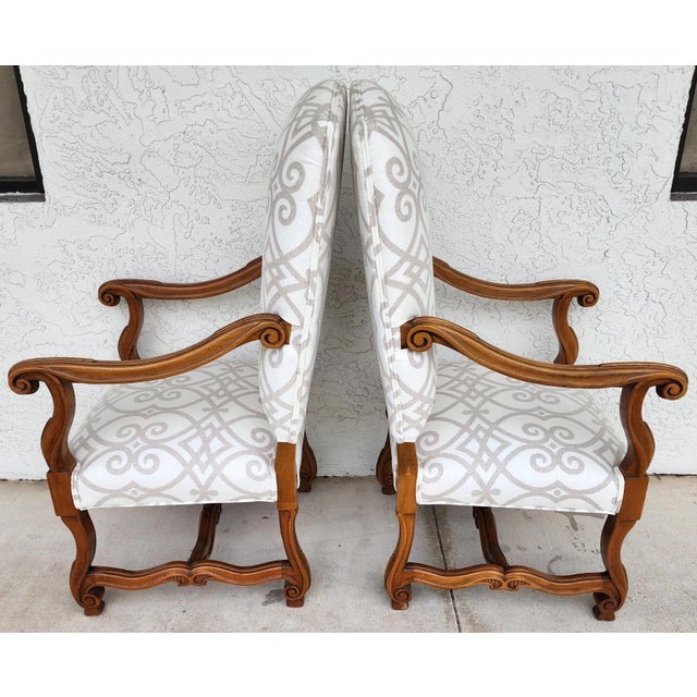 French French Louis XIII Os De Mouton Linen Armchairs Pair For Sale - Image 3 of 18