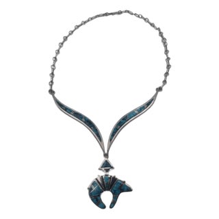 Bear Pendant Sterling Necklace by Earl Plummer - Turquoise Coral Lapis Sugilite Inlay Authentic Native American Handmade For Sale