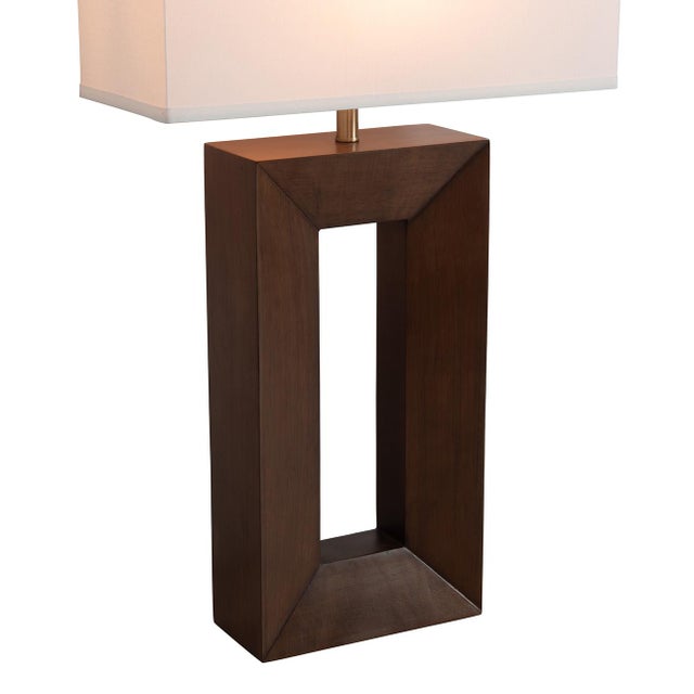 Wood Julie Standing Table Lamp - Dark Walnut Wood Finish, Weathered Brass, White Linen Shade For Sale - Image 7 of 12