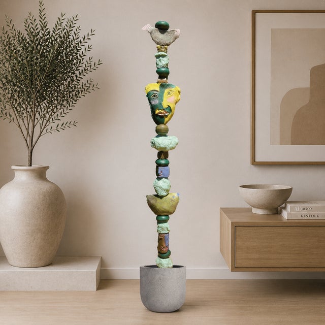 2020s Marc Zimmerman "Green Symphony" Glazed Ceramic Totem, 80 Inches Tall, Deep Green and Gold Glaze, Face Element, Contemporary Art West Coast For Sale - Image 5 of 7