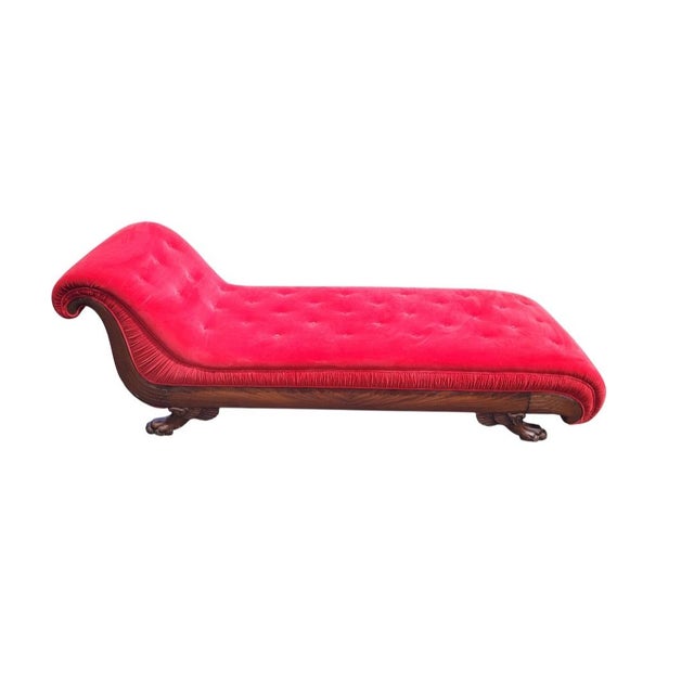 Antique 19th Century Art Deco Style Red Velvet Chaise Lounge Sofa For Sale - Image 15 of 17