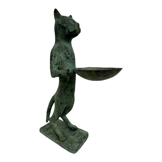 Vintage Cast Bronze Anthropomorphic Cat Sculpture With Offering Bowl For Sale