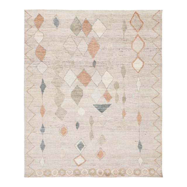 Modern Moroccan Tribal Hand-Knotted Wool Area Rug - Geometric Diamond Neutral For Sale