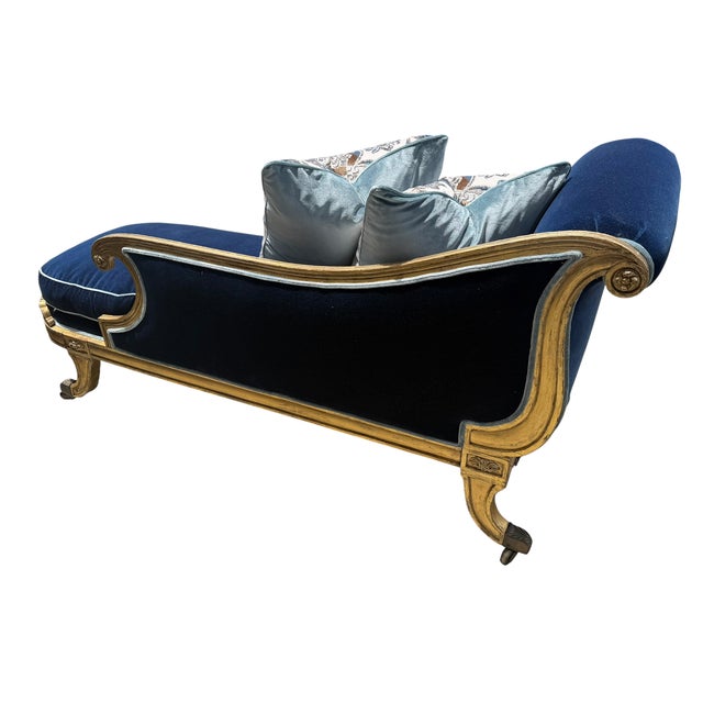 Antique 18th C Louis XVI Giltwood Chaise Fainting Couch - Sapphire Blue Mohair. Includes two Scalamandre cut silk velvet...