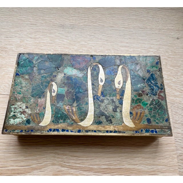 Vintage Mexican Brass & Semiprecious Stone Mosaic Box With Stylized Swan Motif, in the Style of Los Castillo, Circa 1950s For Sale In Chicago - Image 6 of 7