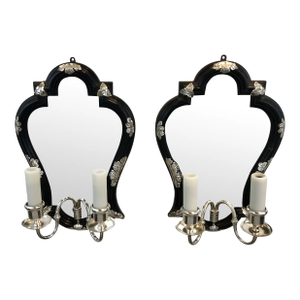 Pair Signed Caldwell Mirror Back Carved Ebony and Silver Sconces