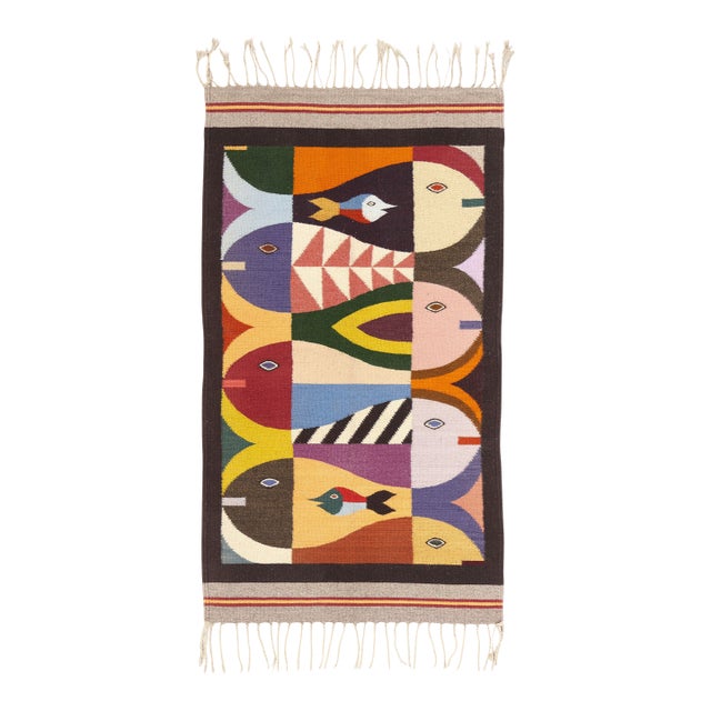 Vintage Tessellated Fish Zapotec Kilim Rug, 02'08 X 04'09 For Sale