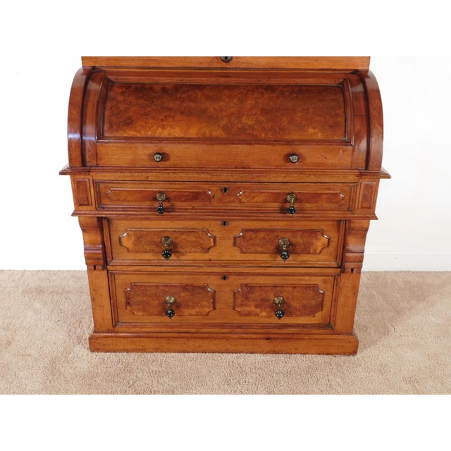 Antique 1880s Victorian Eastlake Burled Walnut Cylinder Secretary Bookcase Desk For Sale - Image 11 of 16