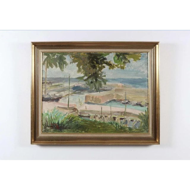 Charming framed oil on canvas of a french marina by Swedish artist Gertrude de Val dated 1936. Painted mainly in tones of...