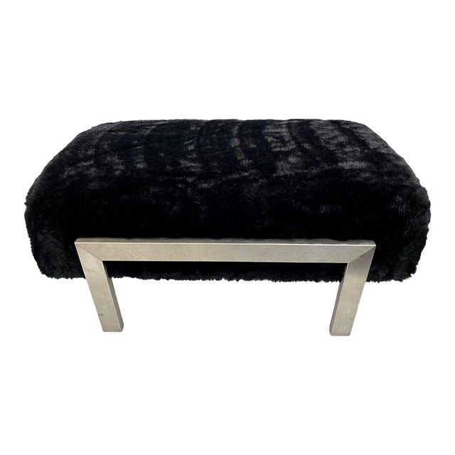 1970s Italian Vintage Black Faux Fur Steel Bed Stool Bench For Sale