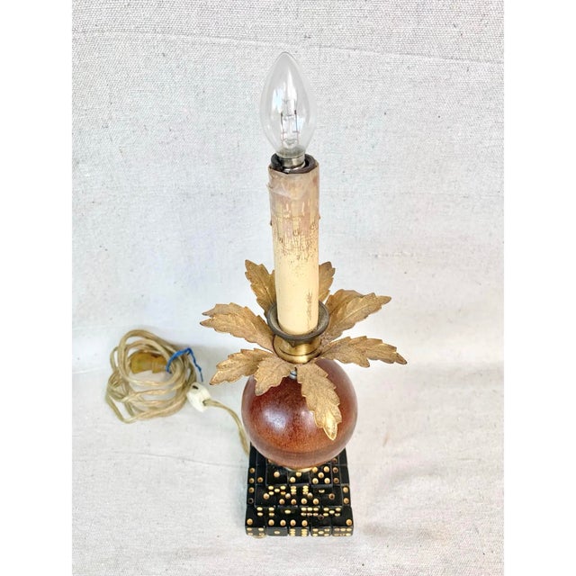 Mid-Century Modern Vintage Hollywood Regency Dice and Gilt Metal Palm Tree Candlestick Table Lamp For Sale - Image 3 of 9
