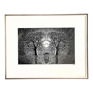 1990s Black and White Paper Scherenschnitte Art With Horse, Trees, and Moon by Expert Swiss Paper Cutting Artist Bruno Weber For Sale