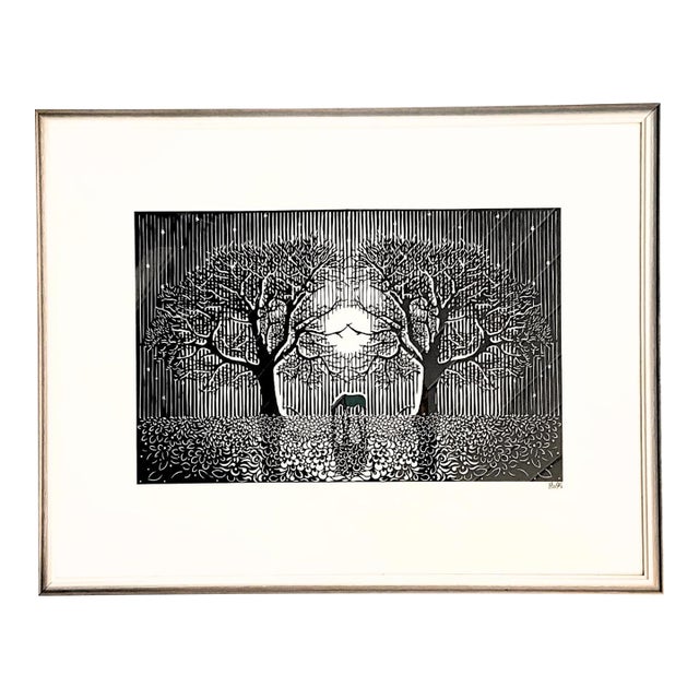 1990s Black and White Paper Scherenschnitte Art With Horse, Trees, and Moon by Expert Swiss Paper Cutting Artist Bruno Weber For Sale