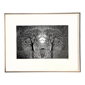 1990s Fine Art With Horse, Trees, and Moon by Expert Swiss Paper Cutting Artist Bruno Weber