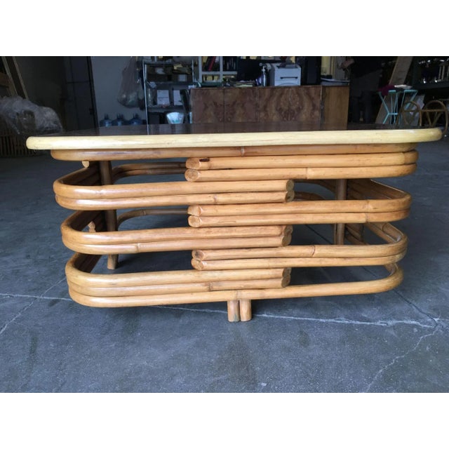 Restored Vintage Stacked Slat Rattan Coffee Table With Mahogany Top For Sale - Image 4 of 7
