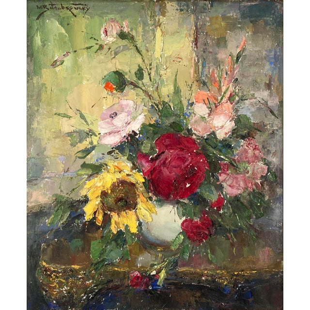 A painting * Oil painting * on canvas * Canvas stretched on a wooden frame * A colorful floral still life with roses * by...