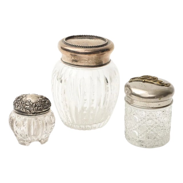 Set of 3 19th C. Cut Glass and Silver Dressing Jars For Sale