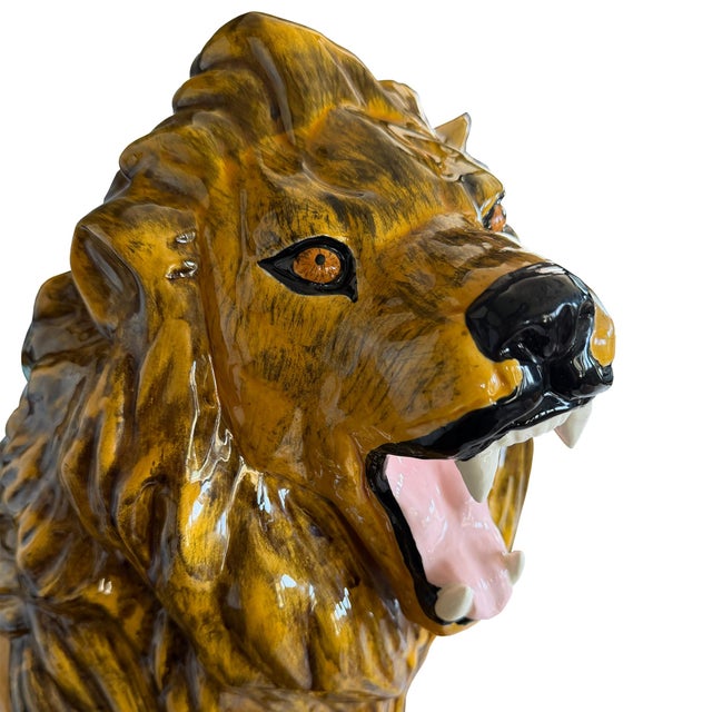 Ceramic Large Italian Majolica Roaring Lion Sculpture, Hand-Painted Glazed Ceramic 1970s For Sale - Image 7 of 11