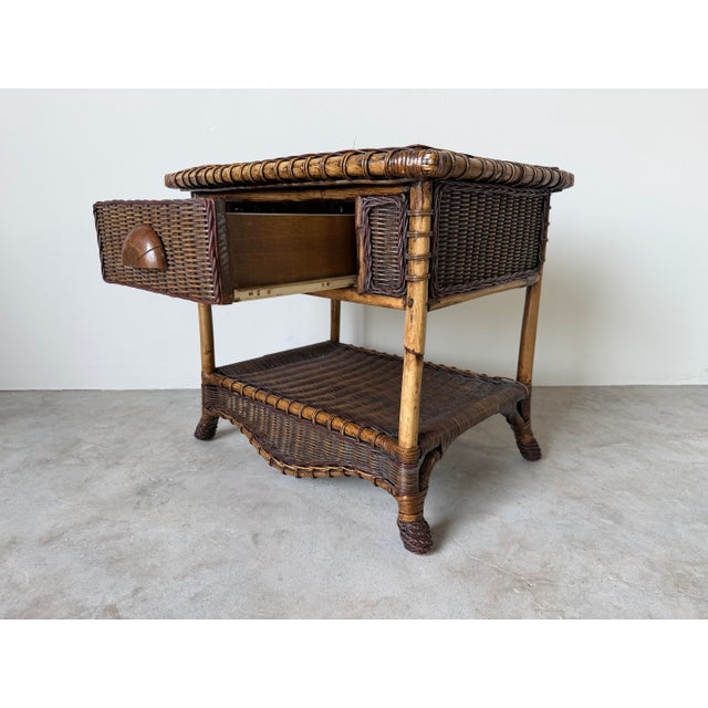 Mid-Century Modern Vintage Coastal Organic Bamboo & Woven Wicker One-Drawer Nightstand For Sale - Image 3 of 12