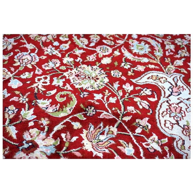 Vintage Kashmiri Tabriz Silk 9x12 Red, Ivory & Light Blue Handmade Area Rug #1144057 For Sale - Image 13 of 15