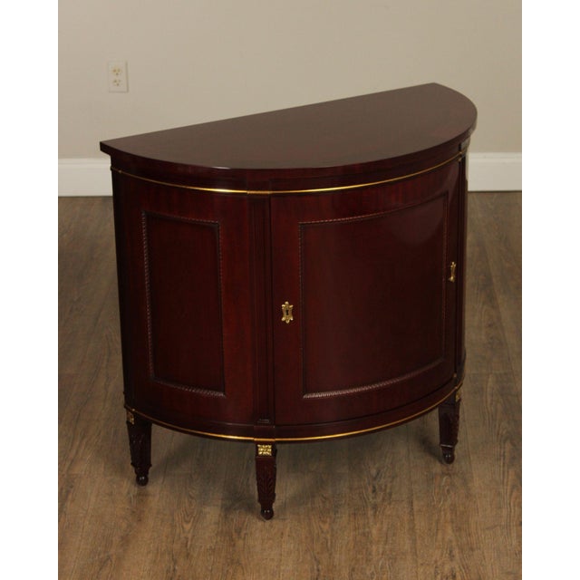 High Quality American Made Partial Gilt Mahogany Demilune Console or Commode with Single Key-Locking Cabinet Door