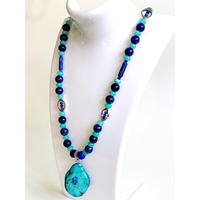 Artisan One-of-a-Kind Gemstone Necklace With Vintage Arizona Turquoise, Lapis Lazuli & Blue Chalcedony For Sale - Image 13 of 18