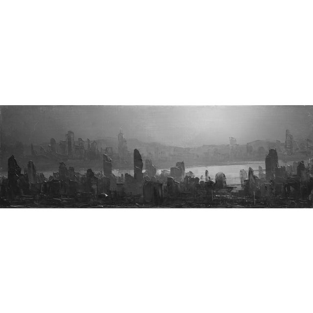 Drain of Progress by Todd Carpenter | Oil on Board Abstract cityscape with dark silhouettes. For Sale