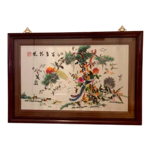 Antique Chinoiserie Silk Embroidered Nature Scene in Cherry Wood Frame With Decorative Oriental Hooks