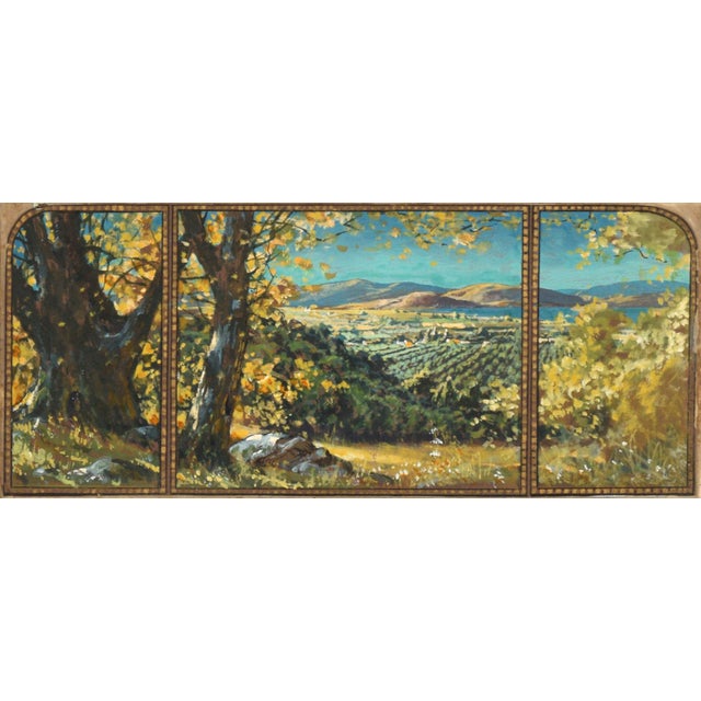 Vibrant depiction of a view from a window by an unknown artist (American, 20th Century). This sweeping landscape, composed...