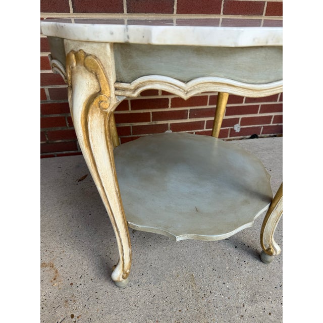 Sky Blue Exquisite Vintage Swedish Gustavian Louis XVI Style Pale Blue and Parcel Gilt Two-Tiered Marble Top Accent Table - Newly Painted For Sale - Image 8 of 12