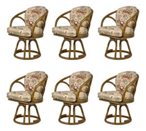 Set of Six Brown Jordan Rattan Swivel Armchairs