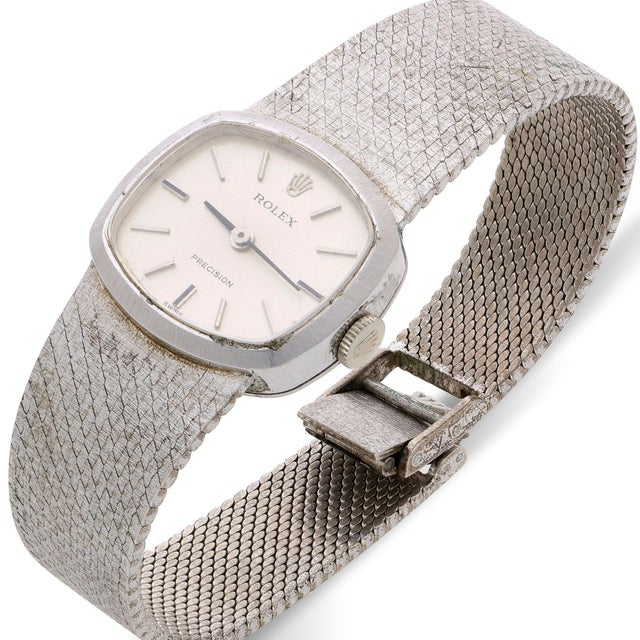 1970s 1970s Rolex Precision 2644 Vintage 1971 Silver Dial 18k White Gold Mesh Bracelet Watch For Sale - Image 5 of 12
