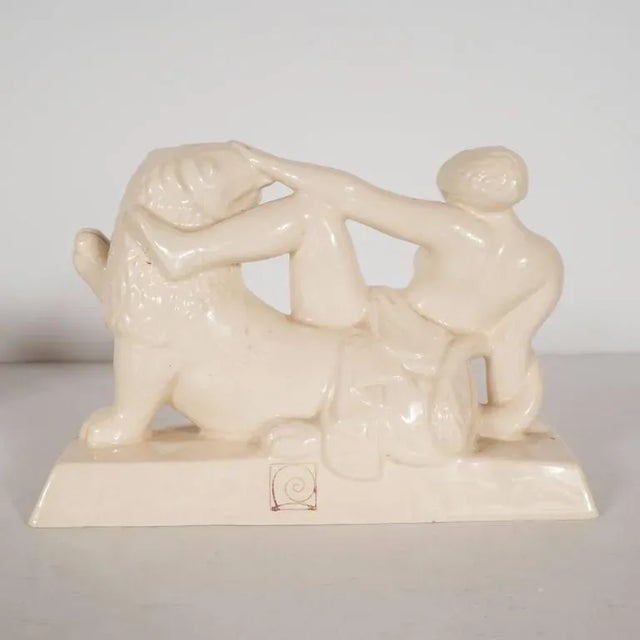 1930s Art Deco Ceramic Book Ends Featuring Lion and Nude Female Figure For Sale - Image 5 of 11