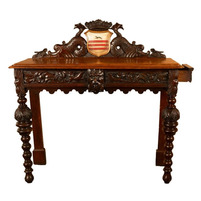 Antique Carved Oak Hall Table Skipworth Family Painted Royal Coat of Arms 1860 For Sale - Image 11 of 18