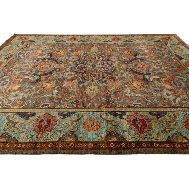 Brown Modern Bidjar Style Hand-Knotted Wool Rug Earthy Brown & Turquoise 10x14 For Sale - Image 8 of 11