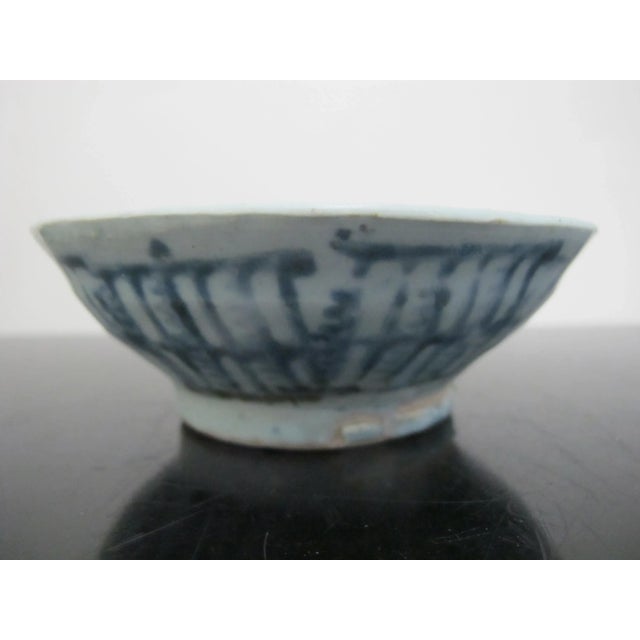 Chinese Chinese Ming Style Celadon Blue Geometric Underglaze Rustic 5" Footed Bowl For Sale - Image 3 of 6