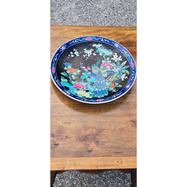 Vintage Japanese-Style Porcelain Peacock Charger Plate With Floral Motif For Sale - Image 10 of 12