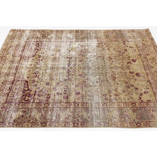 Antique Kerman Rug With Distressed Gold & Mulberry Floral Motif For Sale In New York - Image 6 of 8
