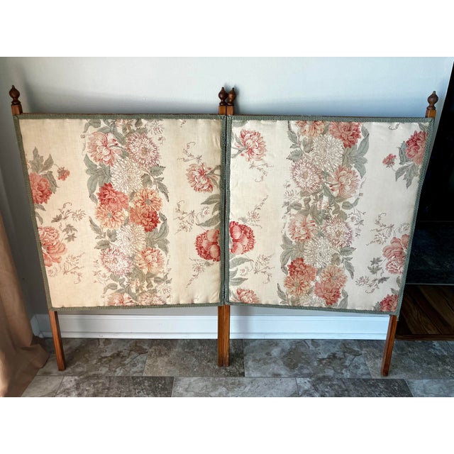 Antique Victorian Two-Panel Floral Fabric Folding Floor Screen With Finials For Sale In Milwaukee - Image 6 of 18