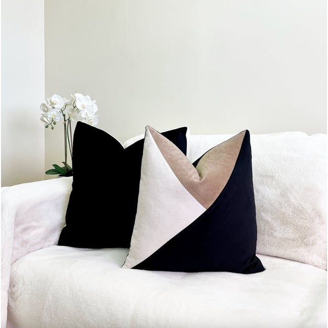 Black Colorblock Velvet Throw Pillow With Feather Down Insert For Sale - Image 4 of 6