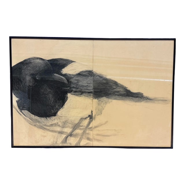 1961 Original Asian Screen Style Charcoal/Graphite Art, Magpie, by Lincoln, Framed For Sale