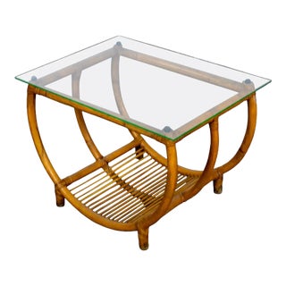 Mid-20th Century MCM Coastal Style Side or End Table With Bent Rattan Base and Rectangle Glass Top For Sale