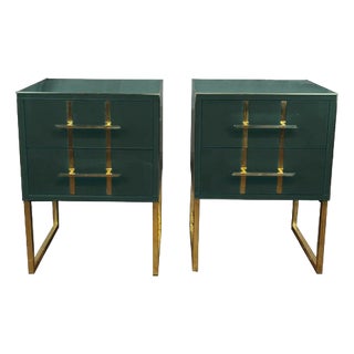 Italian Nightstands in Dark Green Murano Glass with Brass by Justfurnituress, Set of 2 For Sale