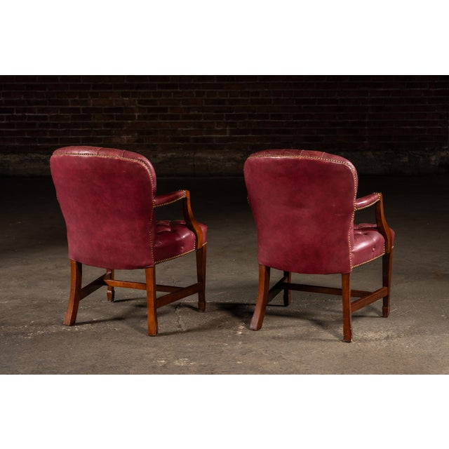 Late 20th Century Pair of Tufted Leather Round-Back Dining Chairs in Burgundy For Sale - Image 4 of 12