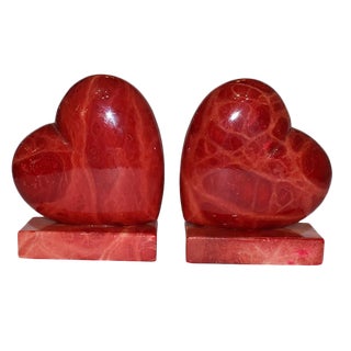 1950s Vintage Italian Red Alabaster Stone Heart Bookends - a Pair For Sale