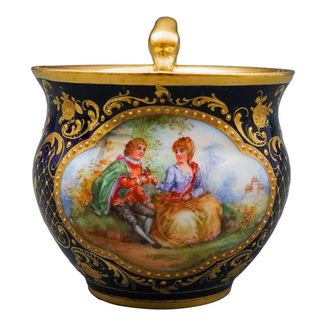 Vintage Meissen Cobalt Blue Gold Hand Painted Couple Porcelain Tea Cup For Sale