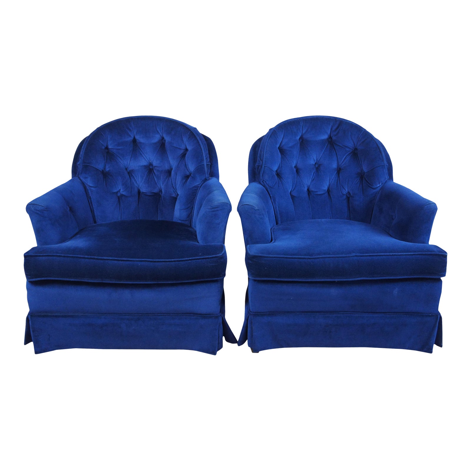 Mid Century Continental Hickory White Blue Tufted Club Lounge Chairs