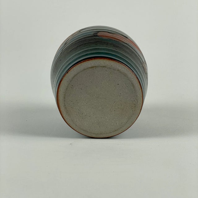 Ceramic 1990s Small Studio Pottery Bud Vase in Sea of Green-Blue-Teal & Islands of Red-Umber For Sale - Image 7 of 8
