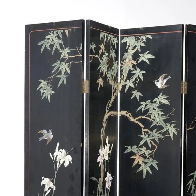 Mid 20th Century Ebonized Chinoiserie Decorated Four Panel Landscape Screen with Garden, 20th Century For Sale - Image 5 of 13